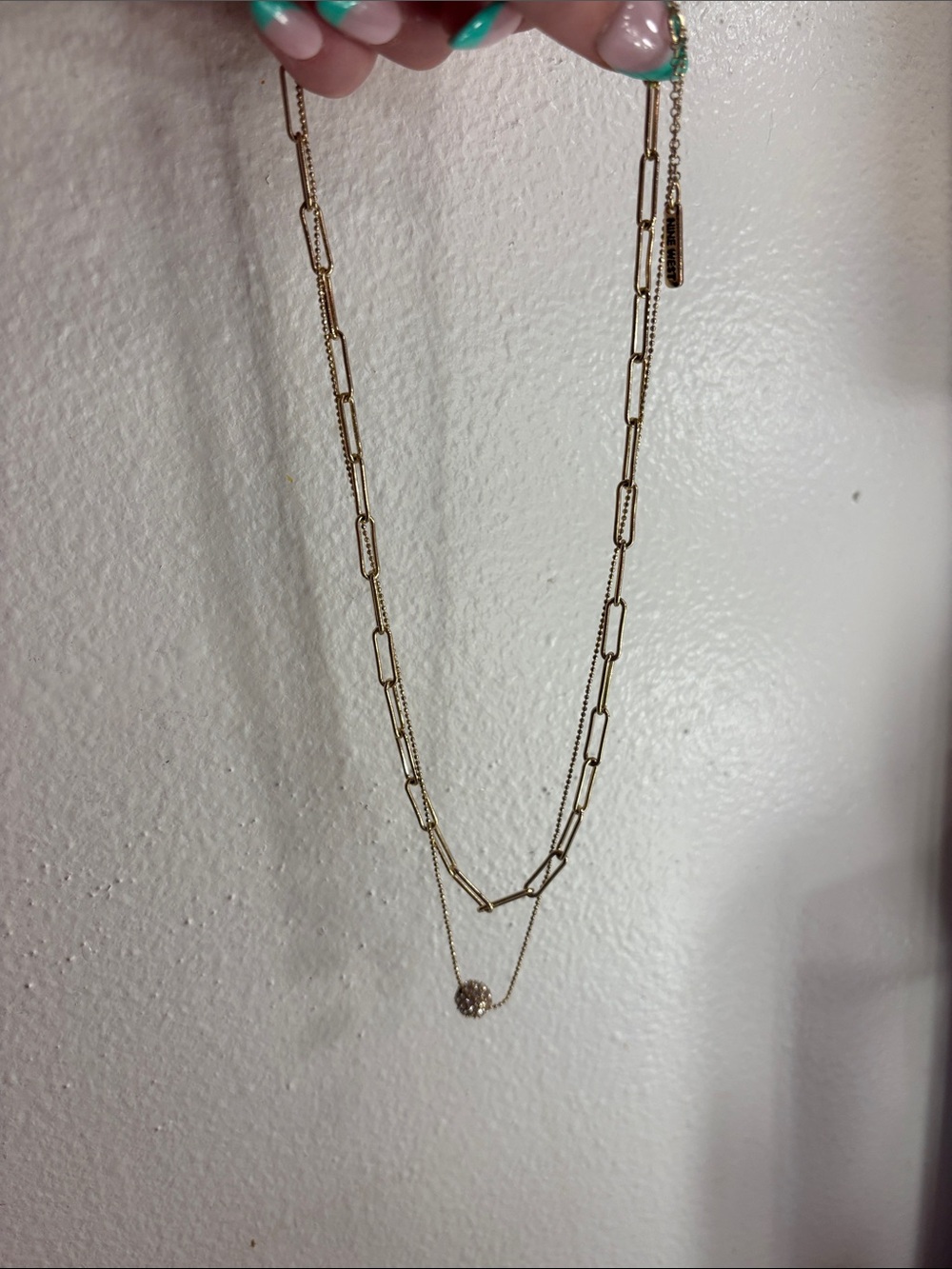 Nine West Gold Layered Paperclip Necklace with Crystal Pendant